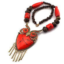 Fashion Tibetan Style Women Statement Necklaces Wood Chain Turquoise Big Owl Necklaces Pendants Boho Jewelry Maxi