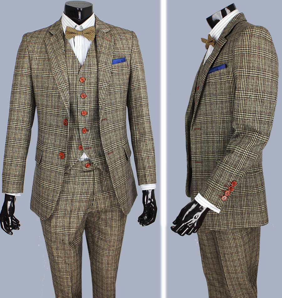 retro Brown plaid groom tuxedos best man suits custom made slim fit men suit Wedding Suits  Blazers tailor made suits 3 piece