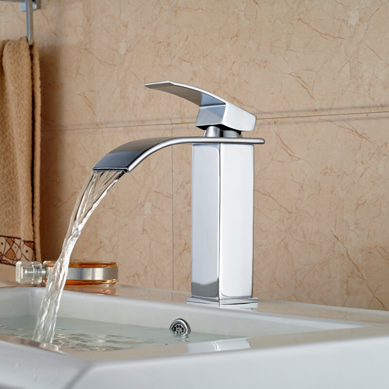 Chrome Finished Waterfall Brass Hot Cold Water Basin Faucet Bathroom Vessel Sink Mixer Taps Single Handle Chrome Finished Waterfall Brass Hot Cold Water Basin Faucet Bathroom Vessel Sink Mixer Taps Single Handle