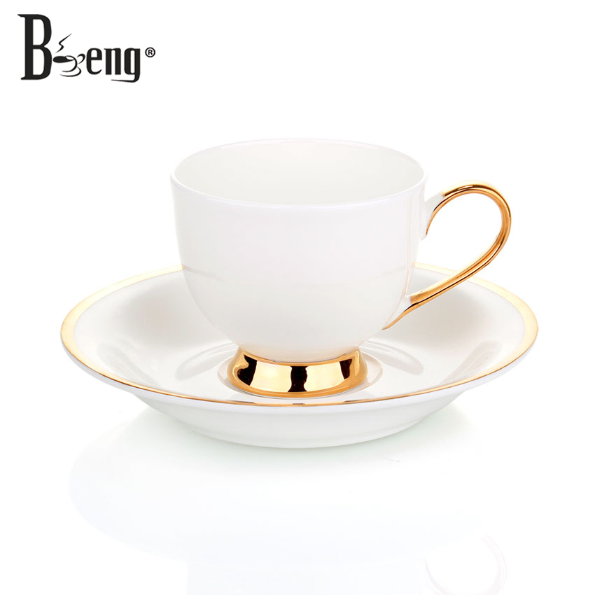 Gold rim high grade white ceramic coffee cup with plate / guests