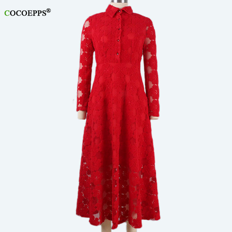 COCOEPPS Summer Dress Brand Clothing Women Red Lace Dress Elegant Long Dresses Fashion Long Sleeve Maxi Dress Damen Kleider