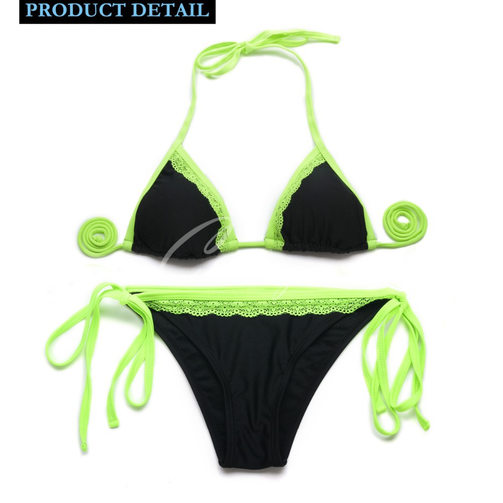 CA151002-800 Colloyes Sexy Black + Green Lace Triangle Top + Classic Cut Bottom Lace Bikini Swimwear Triangl Women\'s Fashion Bathing Suit (6)