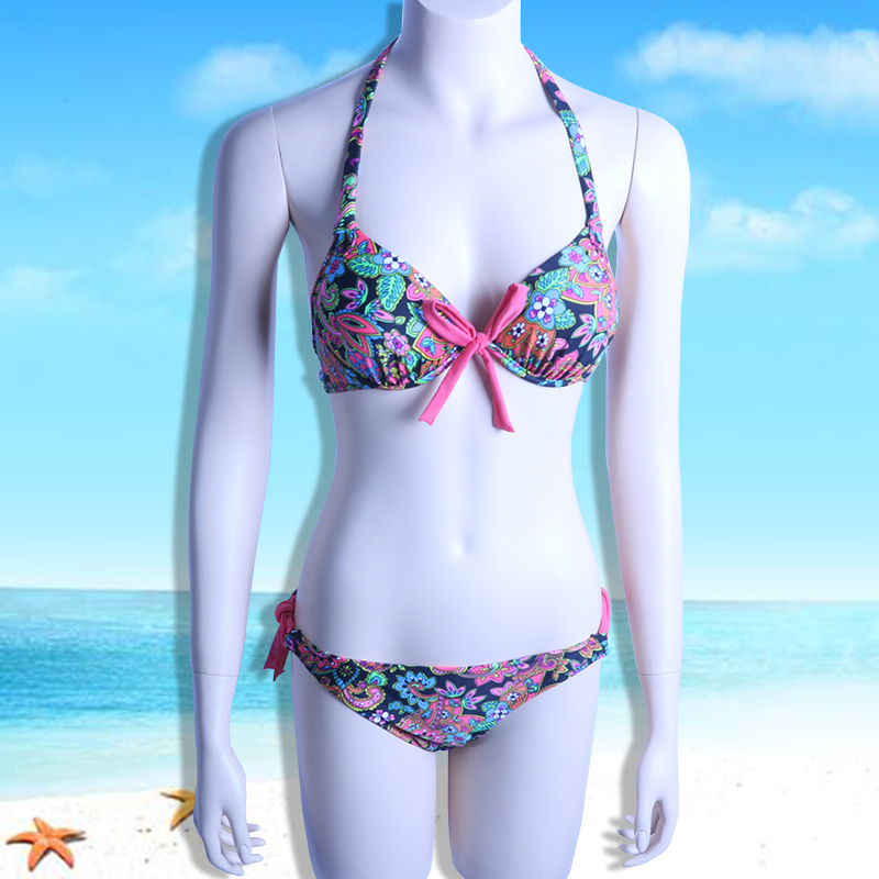 2015 Hot Sale triangl swimwear bikini V neckline swimsuit Steel Prop Gather Spandex Monokini Leopard Low