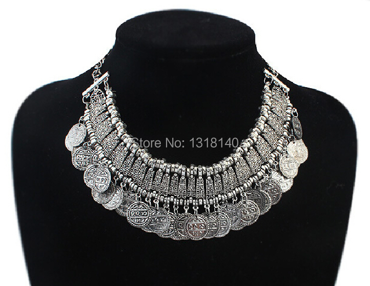 2015 Hot Sale Silver Coins Gypsy Ethnic Colares Colar Bijoux Femme Bib Choker Necklace Fine Jewelry