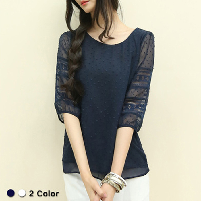 2015 spring and summer new Korean chiffon shirt sleeve / fifth sleeve lace shirt female short-sleeved chiffon shirt
