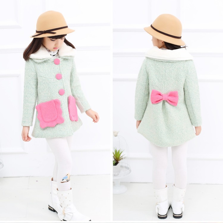 2015 new fashion mother and daughter winter clothing girls wool winter coats long pockets bow long sleeve kids autumn winter blends jackets warm 6 7 8 9 10 11 12 13 14 15 16 years old kids little big girls autumn children wool clothes (13)