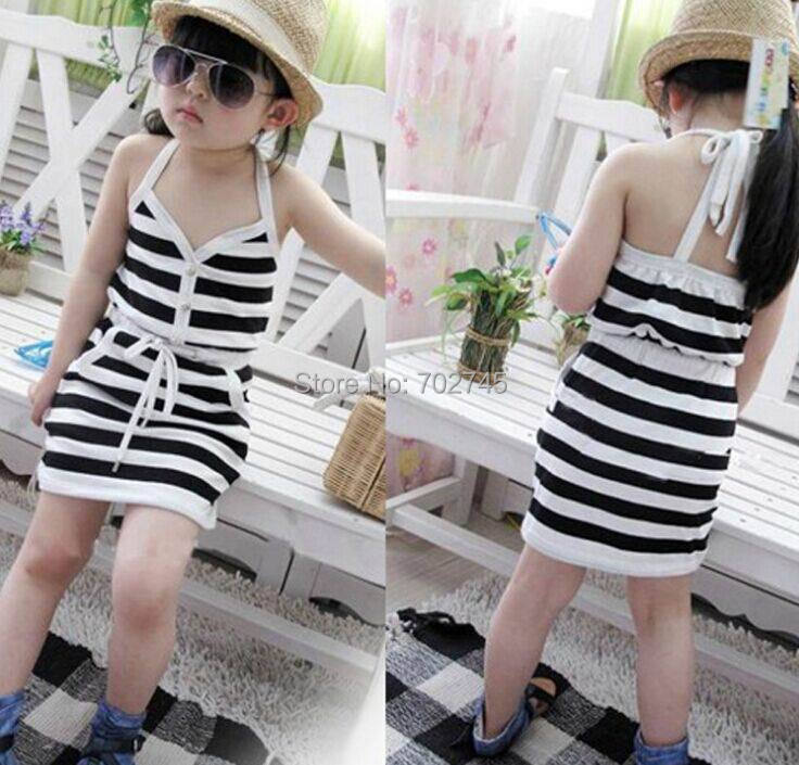 2015 Summer New Girl Dress Black White Stripe Slip Dress Summer Dresses 2-7T Q0056