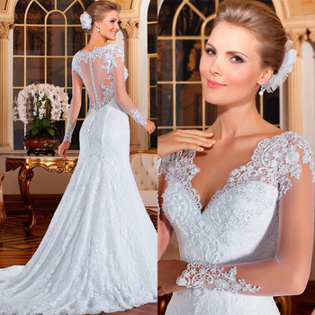 Vestido де Noiva 2015 sereia видеть сквозь назад русалка свадебные платья с длинным рукавом свадебные платья 2015 кружева свадебное платье