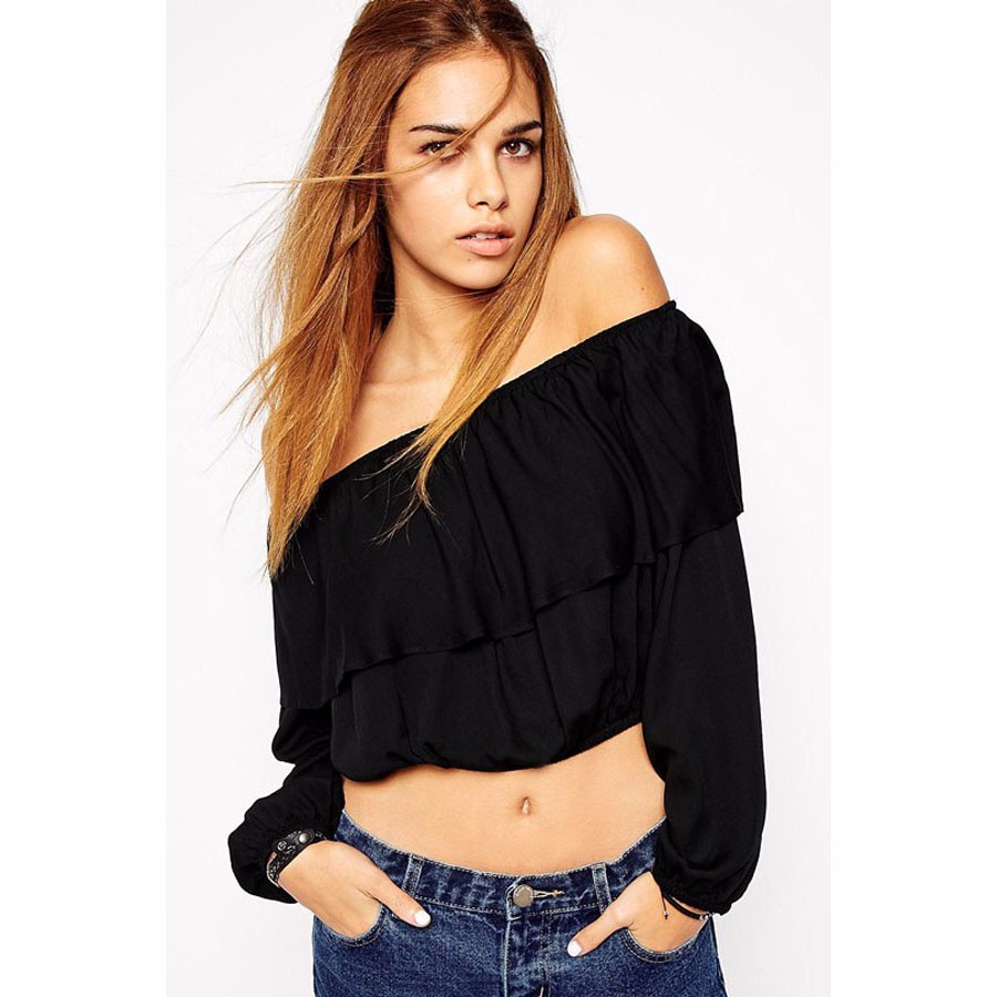 Black-Off-Shoulder-Frill-Crop-Top-LC25433