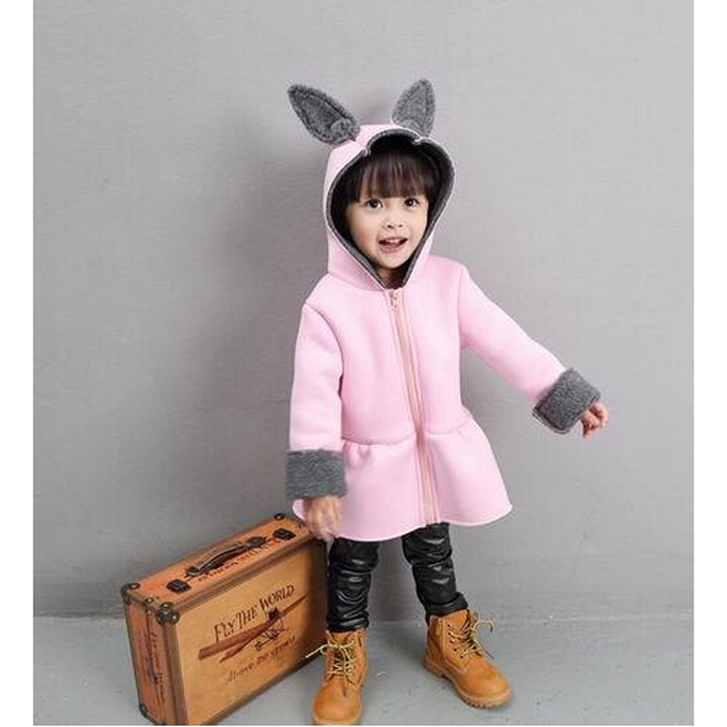 Buenos Ninos 2015 Fashion Baby Girls Winter Warm Coats Kids Rabbit Ears Plus Velvet Thicken Hooded Woolen Outerwear for 2-6 Y