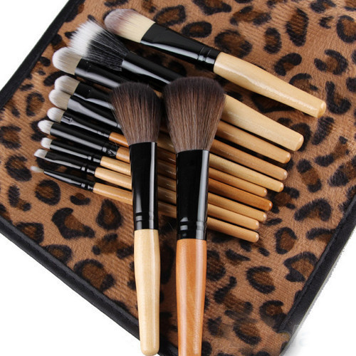 2015 New Fashion Womens 12 PCS Pro Makeup Brush Set Cosmetic Tool Leopard Bag Beauty Brushes