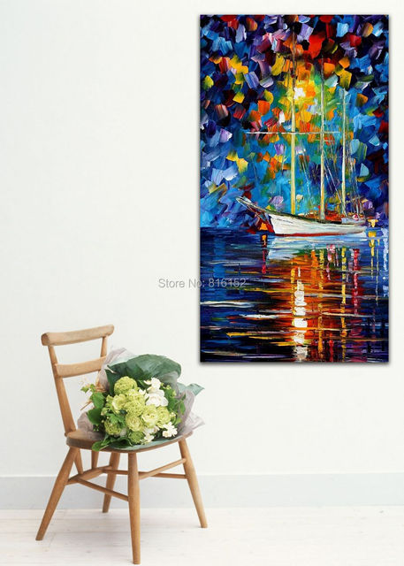 Resting yacht in night ocean scene palette knife oil painting wall ...