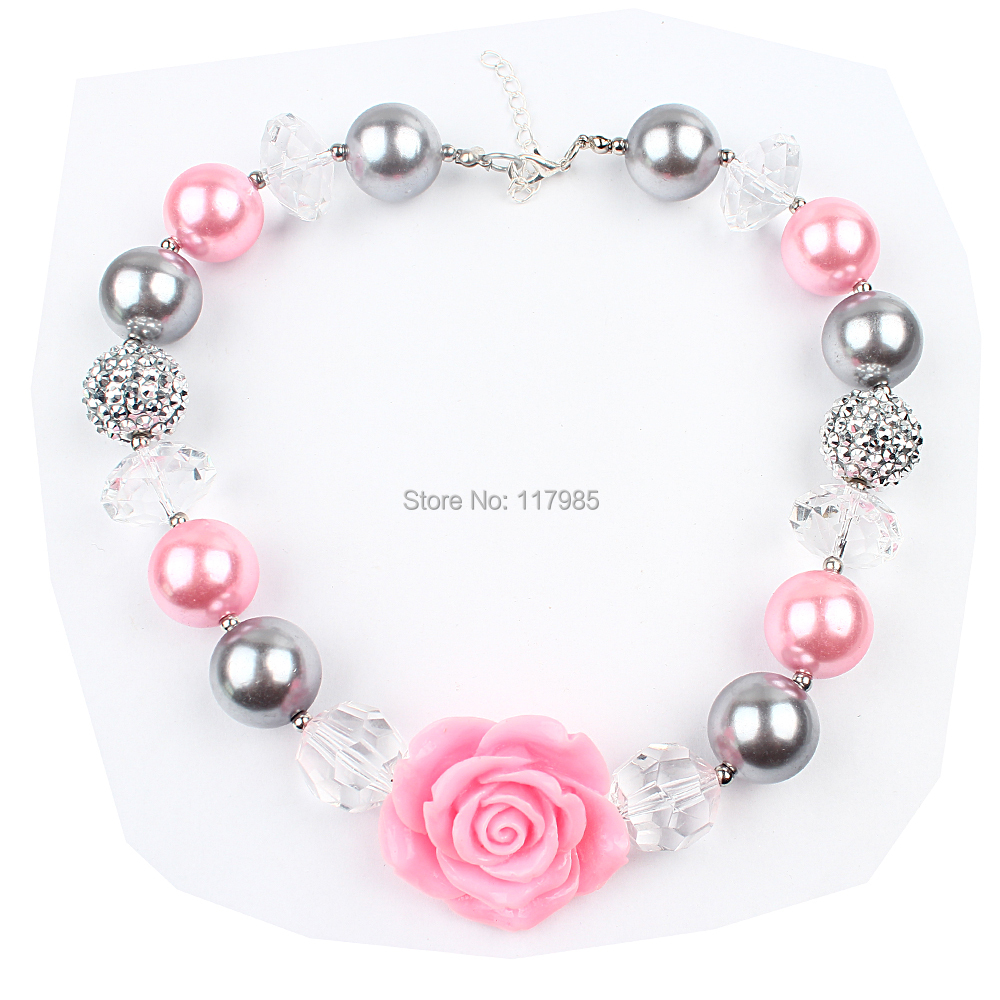 3Pcs Sweety Pink Rose Flower Girls Chunky Bubblegum Necklace For Kids Toddler Photo Prop Dress Up