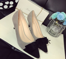 new 2015 sweet bowknot women shoes high heel Spell color Black color Women Pumps shallow mouth pointed high heels women’s shoes