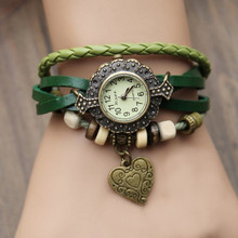Envío libre – 2015 nueva Vintage cuarzo mujeres se visten Watchs corazón colgante de cuero sintético reloj