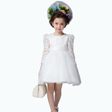 Kids Lace Princess Girl Communion Dress Baby Long-sleeved Bridesmaid Wedding Party Birthday Elegant White Big Bow Girls Dress