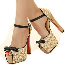 Fashion Summer Open Toe High Heel Platform Sandals Lace Bow Buckle Sexy Wedding Shoes 12CM Women High Heel Pumps Free Shipping