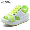 LIN KING Women Beach Sandals Casual Patchwork PU Air Mesh Platform Swing Shoes Lace Up Wedge
