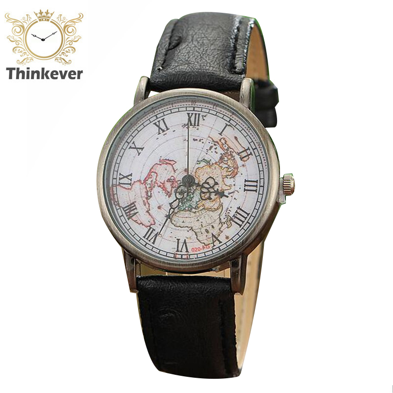 2016 Rushed Glass New Fashion Design Men Vintage World Map Roman Dial Analog Leather Strap Quartz
