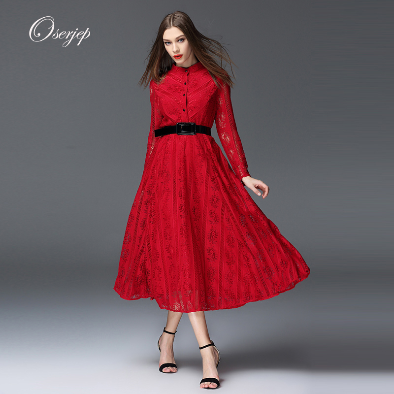 2016 Spring Summer Style Women Fashion Long Dress Long Sleeve Turn-Down Collar A-line Midi Dresses Floral Printed Red Vestido