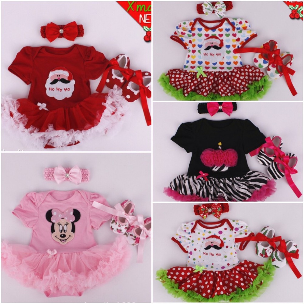 2014 Baby Xmas Clothing Sets Christmas Gift Infant Short Sleeve Santa Claus Newborn Girl Rompers Dress+Headband+Shoes 3 pcs Sets