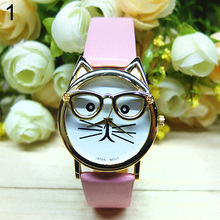 Women s Men s Cute Glasses Cat Case Faux Leather Analog Quartz Bracelet Wrist Watch 5Q8G