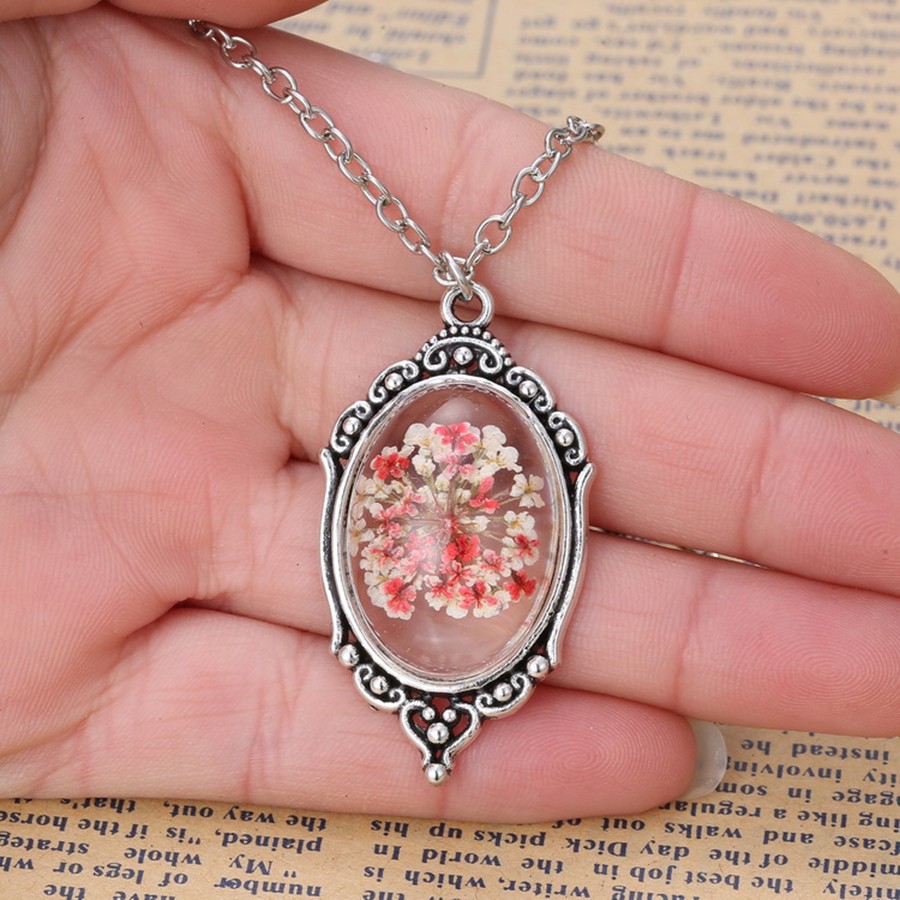 Women Glass Necklace Vintage Crystal Mirror Shape Natural Real Dried Red Flower Pendant Necklace Jewelry Trinket Travel Souvenir (3)