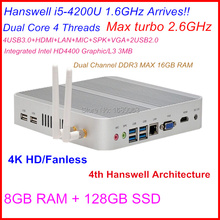 Free shipping fanless mini pc with Intel Core i5 4200U 2.6Ghz CPU 4K 1080P Haswell SOC design aluminum chassis with 128G SSD