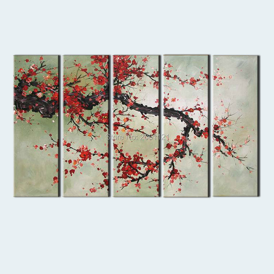 handmade Flowers Wall pictures 5 Panels home Decorative painting red plum blossom canvas picture Free shipping 5P142