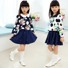 2015 New Autumn Winter Girls Clothes Peter Pan Collar Girl Dress Printed Princess Dress 4-13 years Old Kids Clothes
