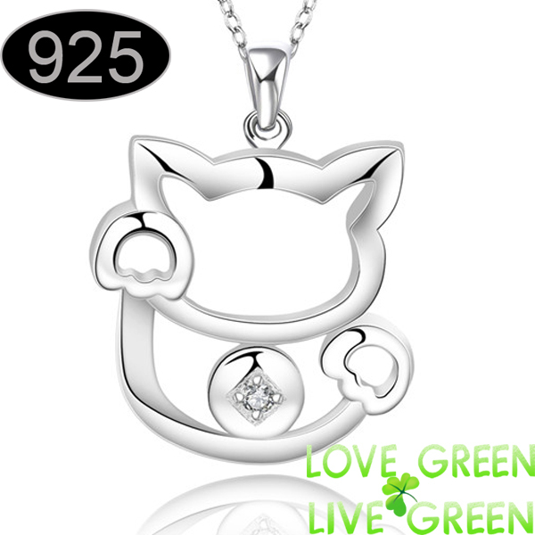 Fine jewelry Wholesale Real Pure 925 sterling silver jewelry Cute fortune cat crystal necklaces pendants For