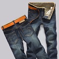 Male slim straight pants fashion trend scratched decorated dark blue business causal denim jeans for men