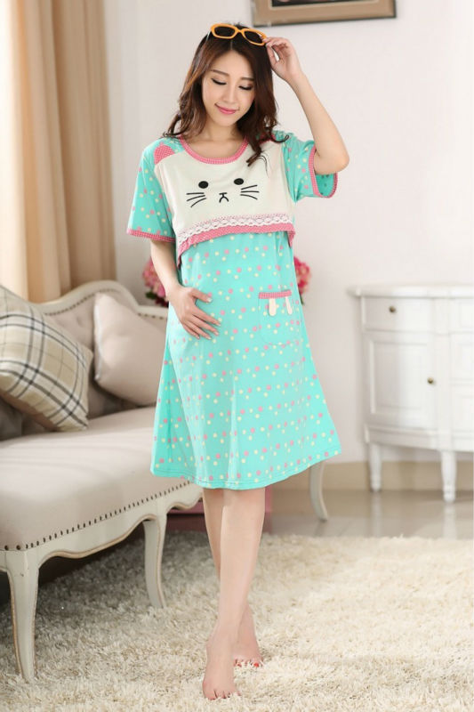 Plus size Kawaii Kitty Pink dots loose pregnant women maternity clothing for breast feeding homecoming dress lactating gowns 5