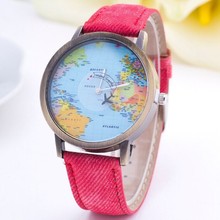 World Map Airplane Pattern Watch Women Wristwatch 2015 New Fashion Casual Quartz Watch Fabric Leather Femenino
