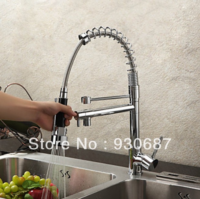 Contemporary Chrome Finish Solid Brass Spring Kitchen Faucet Two Spouts Deck Mount Mixer Faucet Contemporary Chrome Finish Solid Brass Spring Kitchen Faucet Two Spouts Deck Mount Mixer Faucet