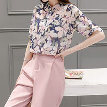 New 2 Piece Set Women 2016 Chiffon Slim Ladies Pants Suit Summer Floral Print Conjunto Feminino Fashion 2 Piece Set Women S20482