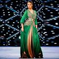 New Design Green Embroidery Popular 2016 Muslim Kaftan Dubai Long Sleeve Evening Dresses Prom Ruffle Dress