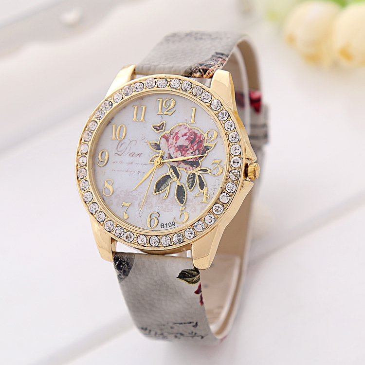 2015 New Fashion Chinese Style Peony Pattern Watch Gilt Digital Quartz Casual Leather Clock Women Dress
