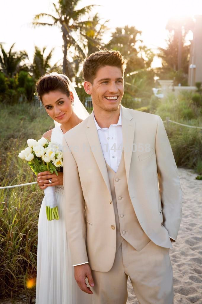 2019 Wholesale New 2016 Beige Men Suits Beach Wedding Tuxedos For
