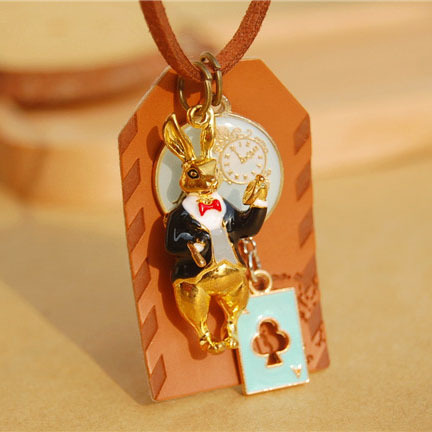 Handmade leather Alice in Wonderland rabbit cards long necklaces pendants for women 2015 anime jewelry accessories