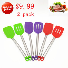 2016 Free Shipping New Kitchen Supplies 2pcs Solid Shovel Slotted Turner Accessories Silicone Head S/S Handle Cooking Tools Set