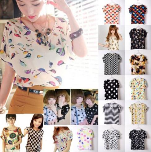 New Womens Summer Bird Print Heart Design Geometric Polka Dot Cute Loose Chiffon Short Sleeve Top