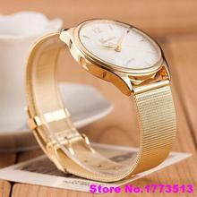 De moda mujeres del reloj de ginebra oro malla Tone ronda banda Dial analógico de pulsera de cuarzo WatchPopular producto 4KPG