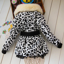 2015 Autumn Winter Wear children parkas Clothes Girls Leopard Faux Fur Collar Coat with Bow Baby