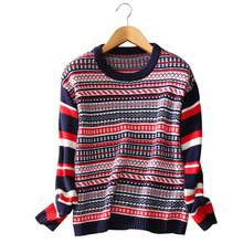 loose 100% pure cashmere thick winter sweater girl’s geometric pattern pullovers long striped sleeves O-neck clothing