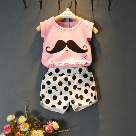 New fashion children and kids clothes set baby girls clothing set suit pink shirt dot pants