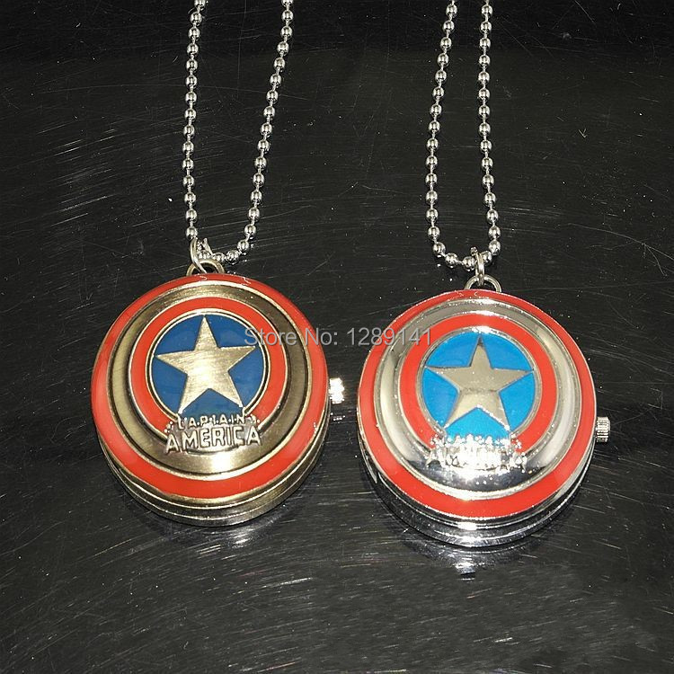 2014 New Qualit America Superheroes Steampunk Quartz Watch Bolsos Vintage Reloj Captain Star Bronze Retro Necklace