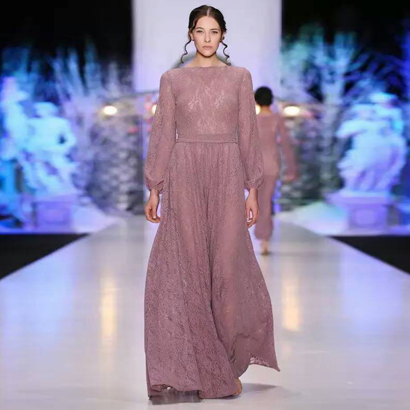 High Quality! New 2015 Fashion Runway European Brand Elegant Ladies Long-Sleeve Floor-Length Slim Pink Maxi Lace Dress