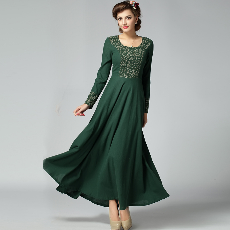 Twods 2015 new spring autumn long linen dress long sleeve patchwork floral print maxi dress slim vintage o neck women dress