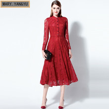 runway dress European new spring and summer 2016 women slim long sleeved lace dress big swing long